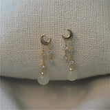 Natural Hetian Jade Pendant Earring 925 Sterling Silver Ear Needle Moon Gilded
