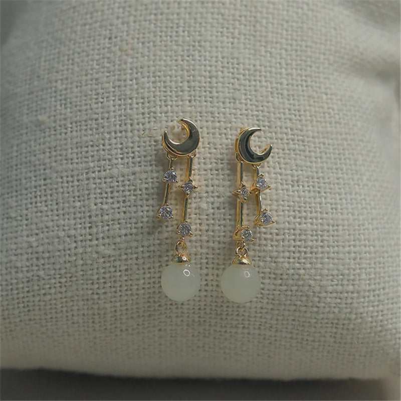 Natural Hetian Jade Pendant Earring 925 Sterling Silver Ear Needle Moon Gilded