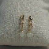 Natural Hetian Jade Pendant Earring 925 Sterling Silver Ear Needle Moon Gilded