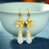 Hetian Jade Plum Blossom Magnolia Earrings Retro Court Romantic Silver Jewelry
