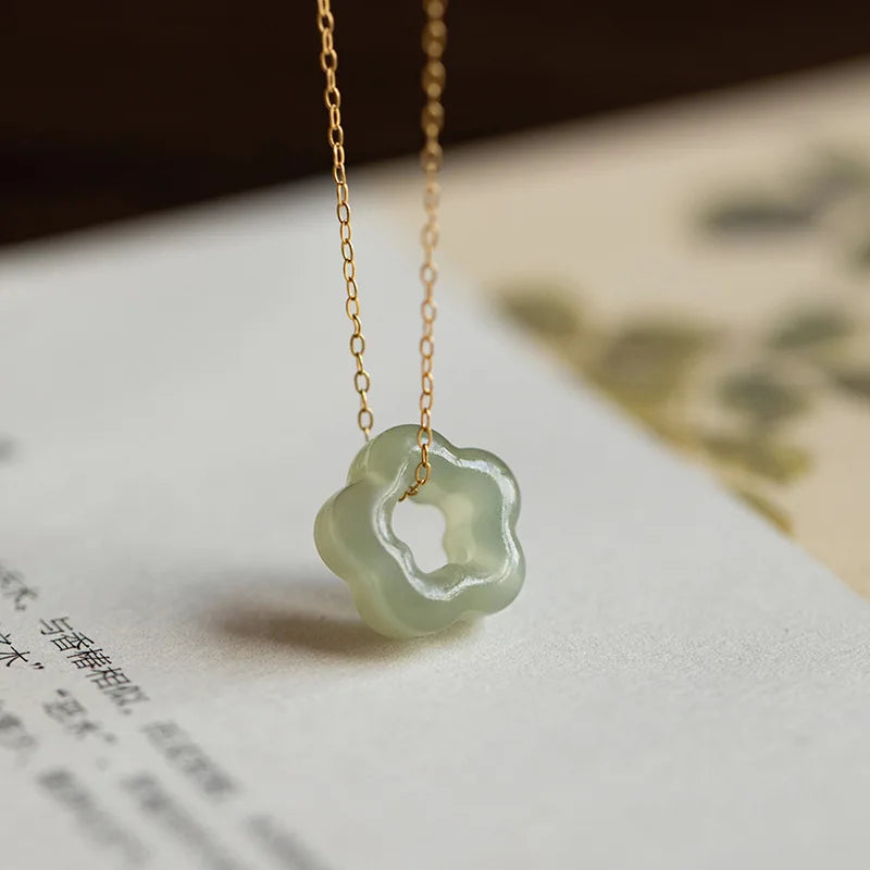 Hetian Jade Plum Blossom Pendant Necklace 925 Sterling Silver Clavicle Chain