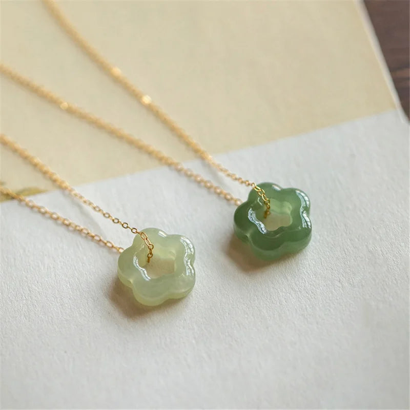 Hetian Jade Plum Blossom Star Pendant Necklace Sterling Silver Chain