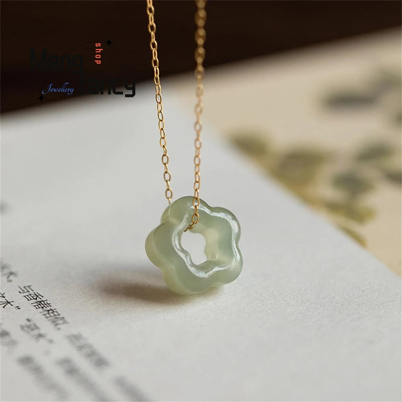 Natural Hetian Jade Plum Bossom Pendant Necklace