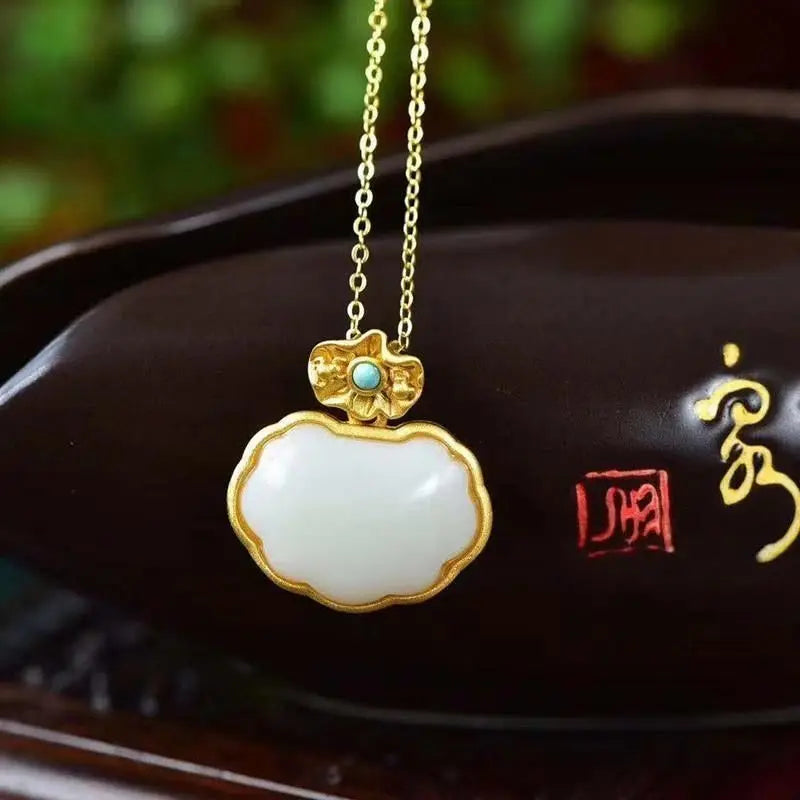 Natural Hetian Jade Porcelain Lock 925 Sterling Silver Ancient Style Green Pine