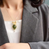 Natural Hetian Jade Qinghai Green Pendant with Shell Pearls