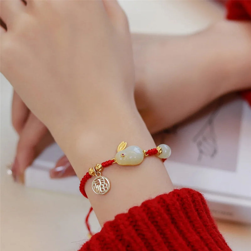 Hetian Jade Red Rope Bracelet Zodiac Rabbit Female Blessing Pendant Lucky Bead