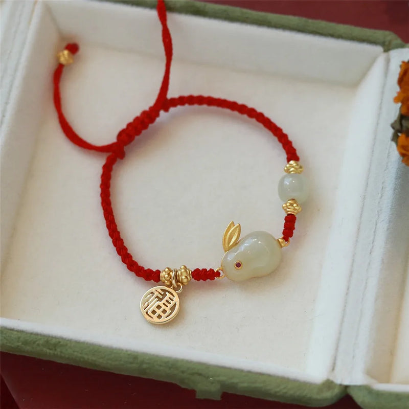 Hetian Jade Red Rope Zodiac Rabbit Bracelet Female Blessing Pendant