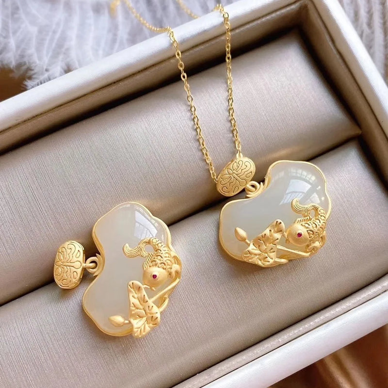 Hetian Jade Rich Wealth Safety Lock Pendant S925 Sterling Silver Gilding