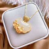 Hetian Jade Rich Wealth Safety Lock Pendant S925 Sterling Silver Gilding