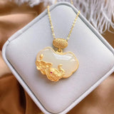 Hetian Jade Rich Wealth Safety Lock Pendant S925 Sterling Silver Gilding
