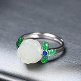 Natural Hetian Jade Rose Ring 925 Sterling Silver for Women