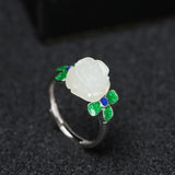 Natural Hetian Jade Rose Ring 925 Sterling Silver for Women