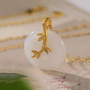 Natural Hetian Jade Round Bamboo Leaf Necklace Pendant Jewelry