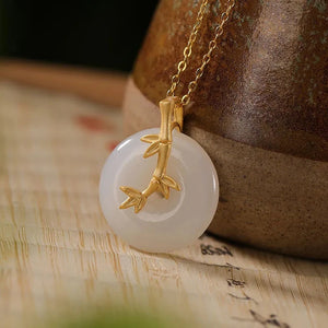 Natural Hetian Jade Round Bamboo Leaf Necklace Pendant Jewelry