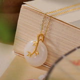 Natural Hetian Jade Round Bamboo Leaf Necklace Pendant Jewelry