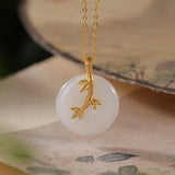 Natural Hetian Jade Round Bamboo Leaf Necklace Pendant Jewelry