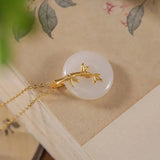 Natural Hetian Jade Round Bamboo Leaf Necklace Pendant Jewelry