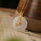 Natural Hetian Jade Round Bamboo Leaf Necklace Pendant Jewelry