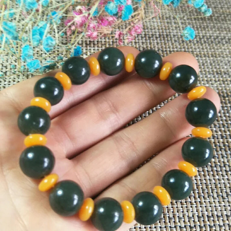 Hetian Jade Round Bead Bracelet Lucky Exorcise Evil Spirits Auspicious Amulet