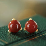 Hetian Jade Round Stud Earrings Red Tourmaline Retro Bohemian Charm Jewelry
