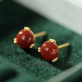 Hetian Jade Round Stud Earrings Red Tourmaline Retro Bohemian Charm Jewelry