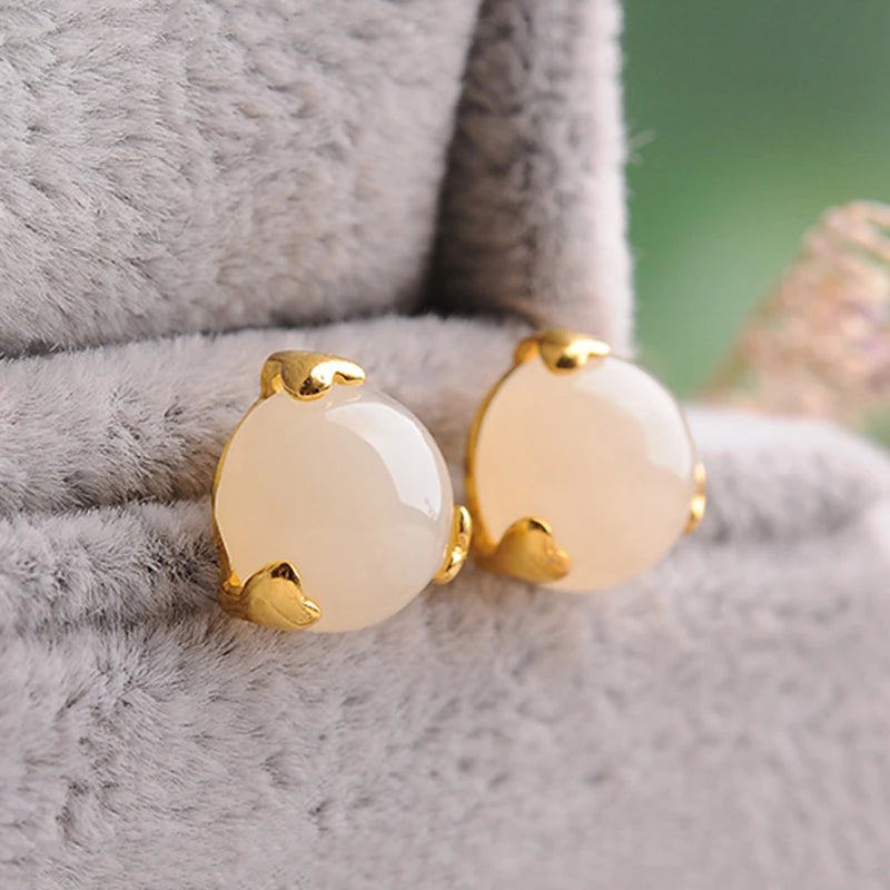 Hetian Jade Round Stud Earrings Red Tourmaline Retro Bohemian Charm Jewelry