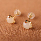Hetian Jade Round Stud Earrings Red Tourmaline Retro Bohemian Charm Jewelry