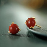 Hetian Jade Round Stud Earrings Red Tourmaline Retro Bohemian Charm Jewelry