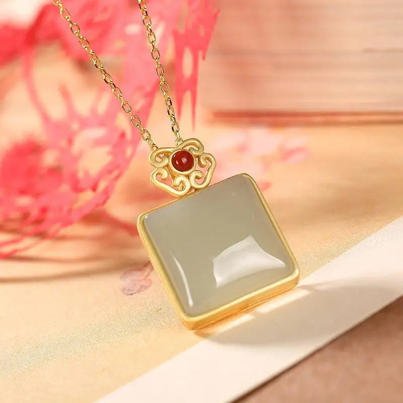 Natural Hetian Jade S925 Sterling Silver Retro Gift Ornament