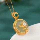 Vintage Hetian Jade S925 Silver Pearl Necklace Peace Buckle Flower Pendant