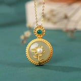 Vintage Hetian Jade S925 Silver Pearl Necklace Peace Buckle Flower Pendant