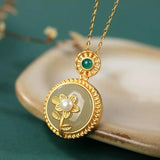 Vintage Hetian Jade S925 Silver Pearl Necklace Peace Buckle Flower Pendant