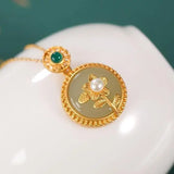 Vintage Hetian Jade S925 Silver Pearl Necklace Peace Buckle Flower Pendant