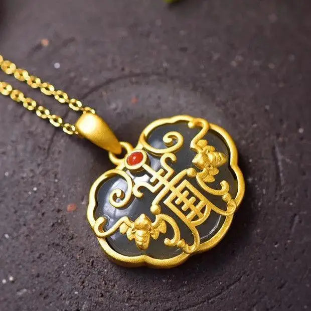 Hetian Jade Longevity Lock Pendant Necklace S925 Silver Blessing Vintage