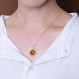 Hetian Jade Sterling Silver Red Agate Plum Blossom Pendant Necklace