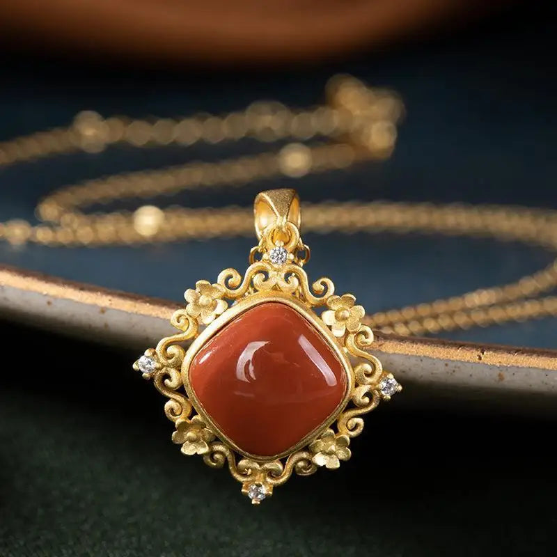 Hetian Jade Sterling Silver Red Agate Plum Blossom Pendant Necklace