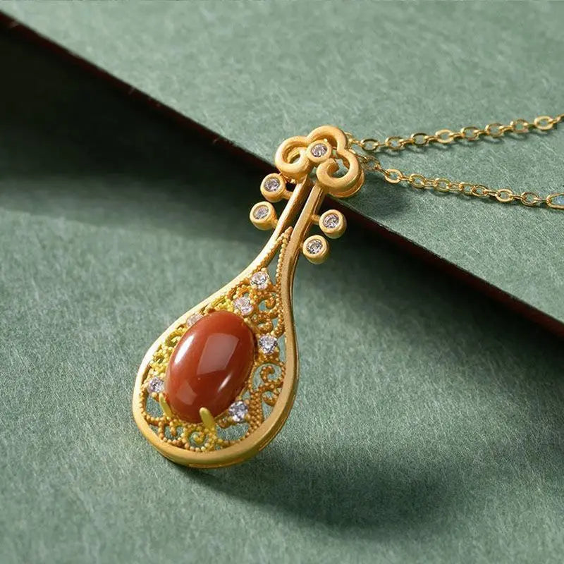 Hetian Jade S925 Silver Red Agate Pipa Necklace Pendant