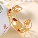 Hetian Jade Sterling Silver Red Agate Vintage Leaves Chinese Style Open-End