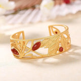 Natural Hetian Jade S925 Sterling Silver Red Agate Leaves Vintage Chinese Style
