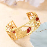 Hetian Jade Sterling Silver Red Agate Vintage Leaves Chinese Style Open-End