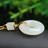Hetian Jade Safety Buckle Pendant Necklace S925 Sterling Silver Retro Circle