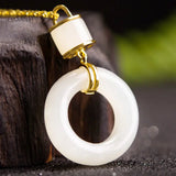 Hetian Jade Safety Buckle Pendant Necklace S925 Sterling Silver Retro Circle