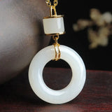 Hetian Jade Safety Buckle Pendant Necklace S925 Sterling Silver Retro Circle