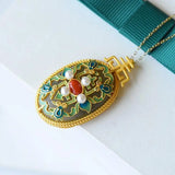 Hetian Jade Red Pearl Pendant Cloisonne Enamel S925 Sterling Silver Necklace