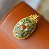Hetian Jade Red Pearl Pendant Cloisonne Enamel S925 Sterling Silver Necklace