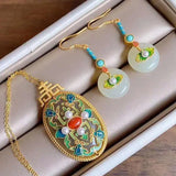 Hetian Jade South Red Pearl Pendant Cloisonne Enamel S925 Sterling Silver Neckl