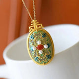 Hetian Jade Red Pearl Pendant Cloisonne Enamel S925 Sterling Silver Necklace