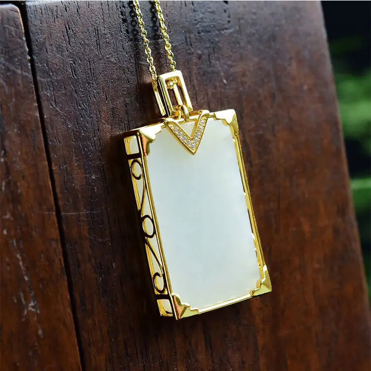 Natural Hetian Jade Plate Pendant, Retro Silver Necklace Gift