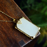 Natural Hetian Jade Plate Pendant, Retro Silver Necklace Gift