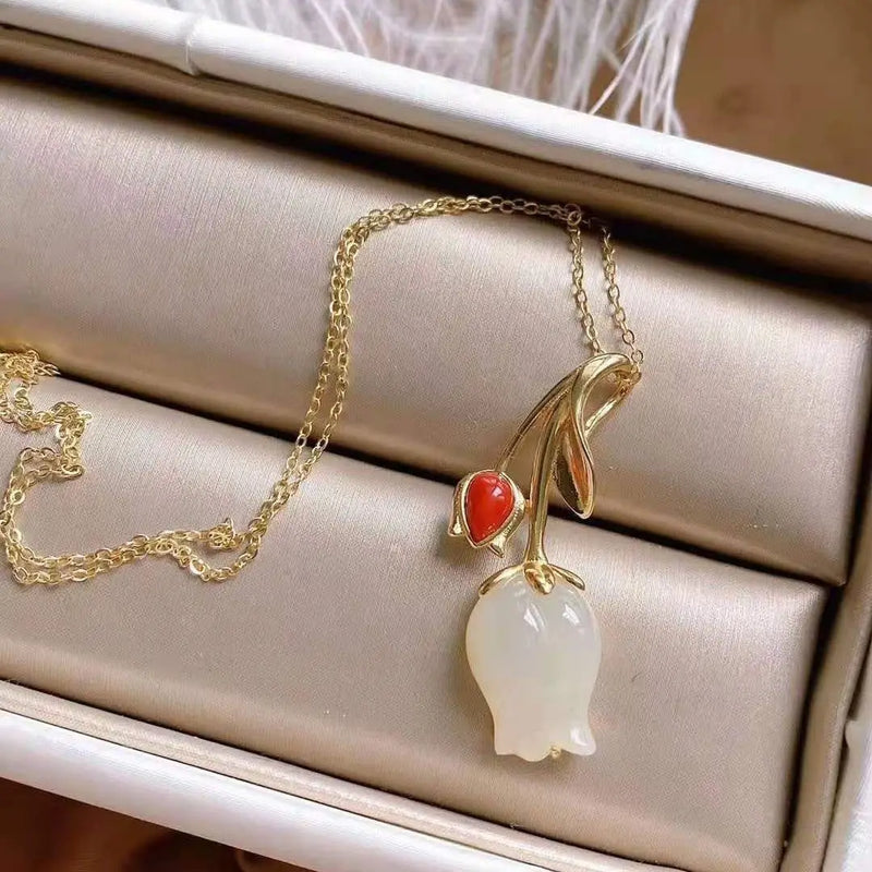Natural Hetian Jade Tulip Flower Necklace Sterling Silver Clavicle Chain